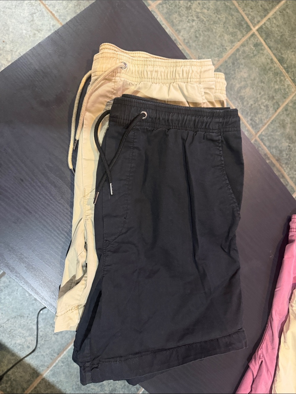 2 pack Men's Casual Drawstring Shorts - Black and Beige Large
